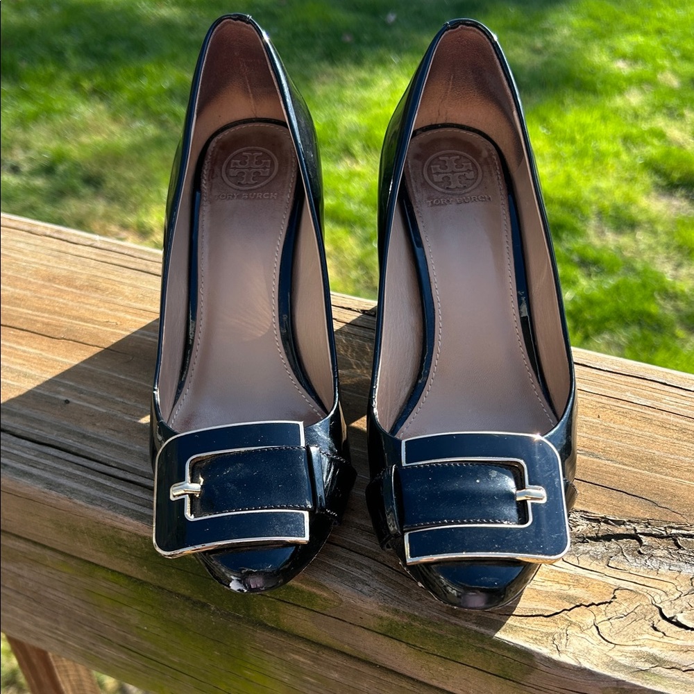 Tory Burch Black Patent Leather Buckle Pumps with Gold Accent